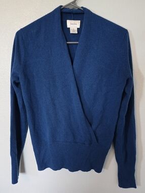 Neiman Marcus | Blue Cashmere Faux Wrap Sweater Size Medium
